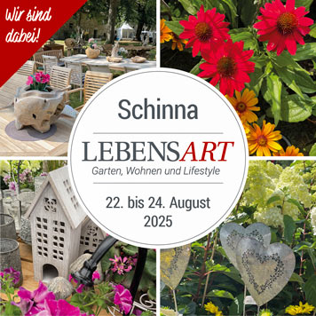 Kreismotiv mit Text zur Veranstaltung und Abbildungen von Blumen, Gartenmöbeln, etc.